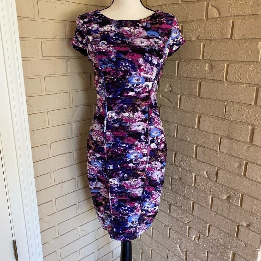 Cache Ruched Bodycon Floral Stretch Mini Dress Size 6 Lined
